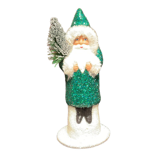 Ino Schaller Forest Green Glitter Santa German Paper Mache Candy Container