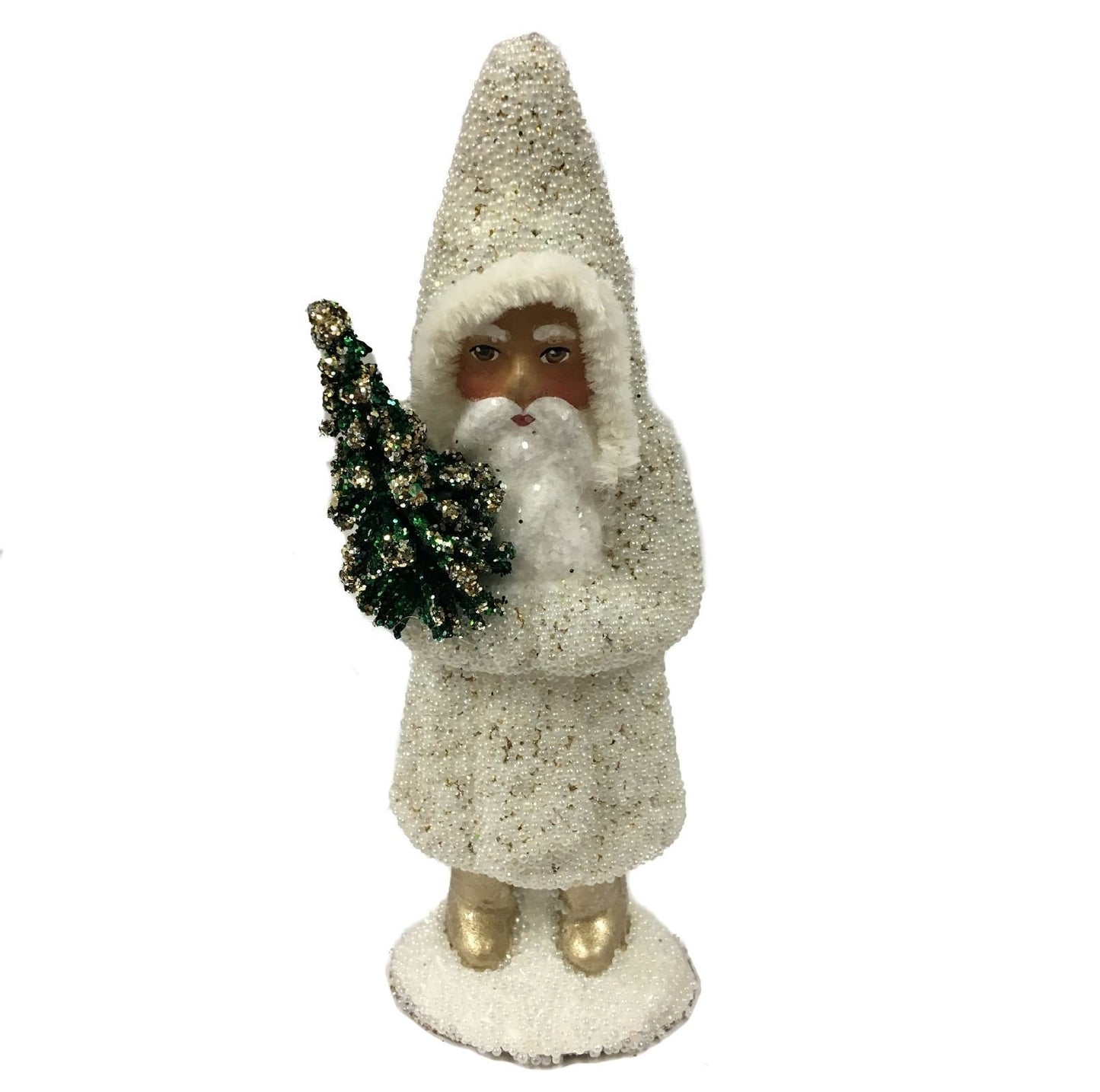 Ino Schaller White and Gold Beaded Santa Small Christmas German Paper Mache 4.75 Inch