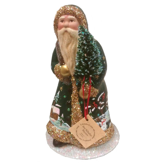 Ino Schaller Brunswick Green Winter Scene Walking Santa German Paper Mache