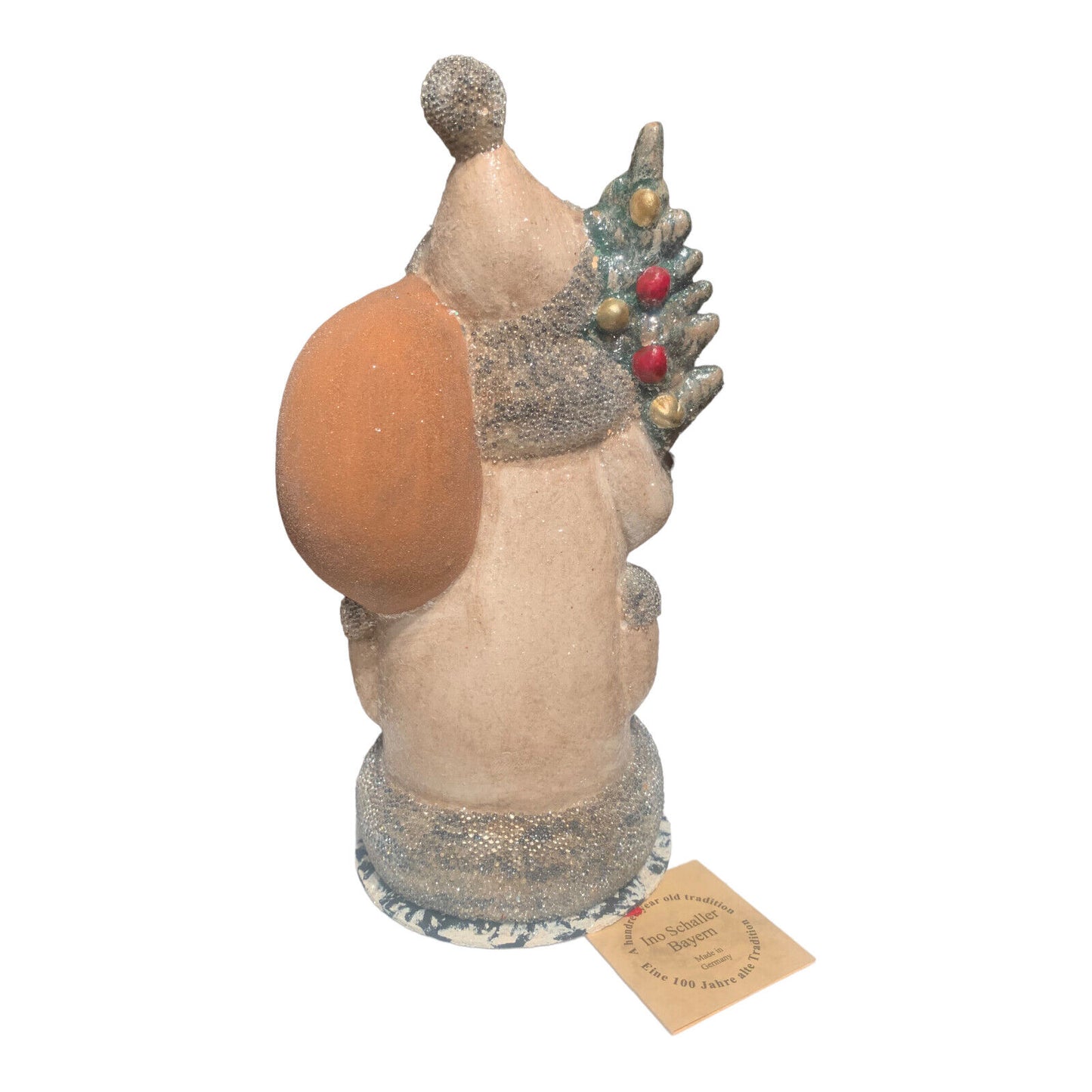 Ino Schaller Old Finish Santa with Brown Bag and Tree German Paper Mache 7 Inch